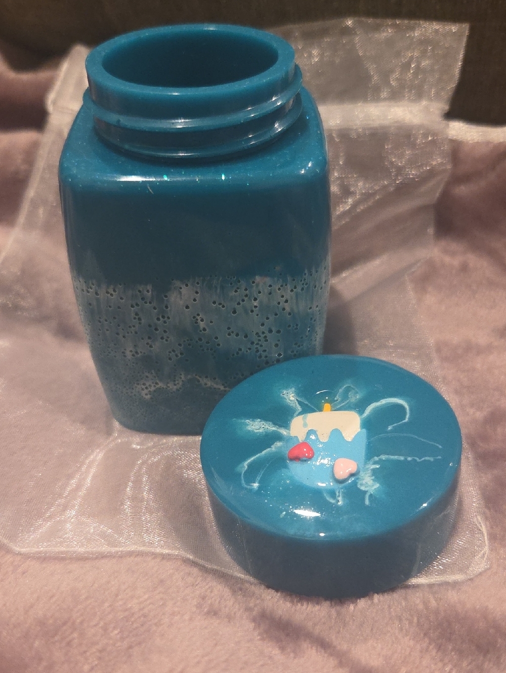 Handcrafted Teal Mixed Media Decorative Jar with Lid
